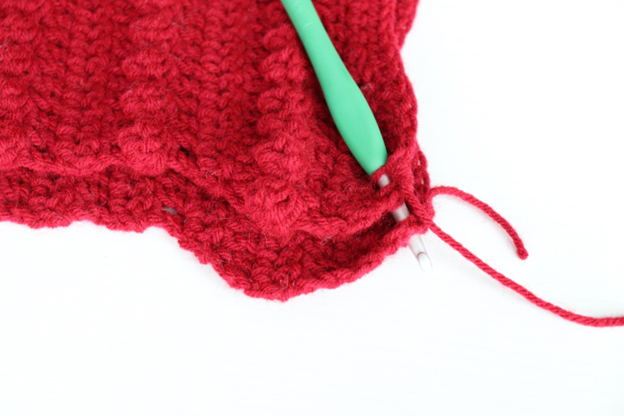 Crochet hook inserted into top and bottom panels of red dog bone stocking