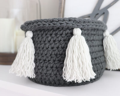 gray crochet tassel basket