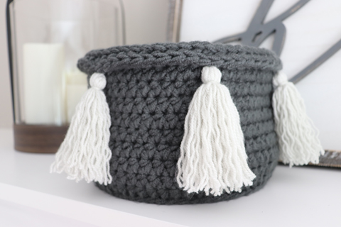 gray crochet tassel basket