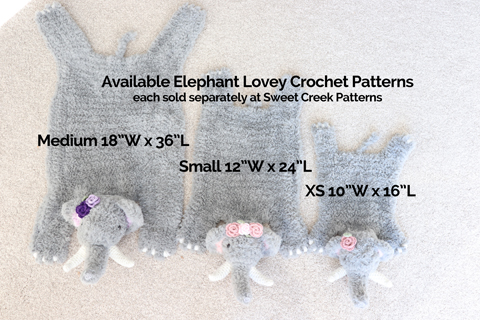 3 different elephant crochet pattern sizes available for purchase 