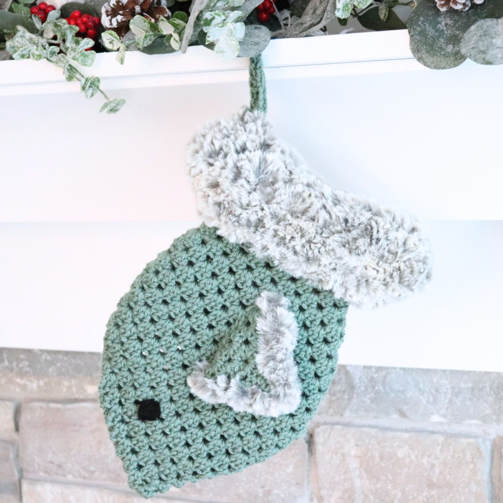 crochet cat stocking on mantel