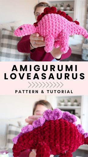 red and pink crochet dinosaur for Valentine's Day