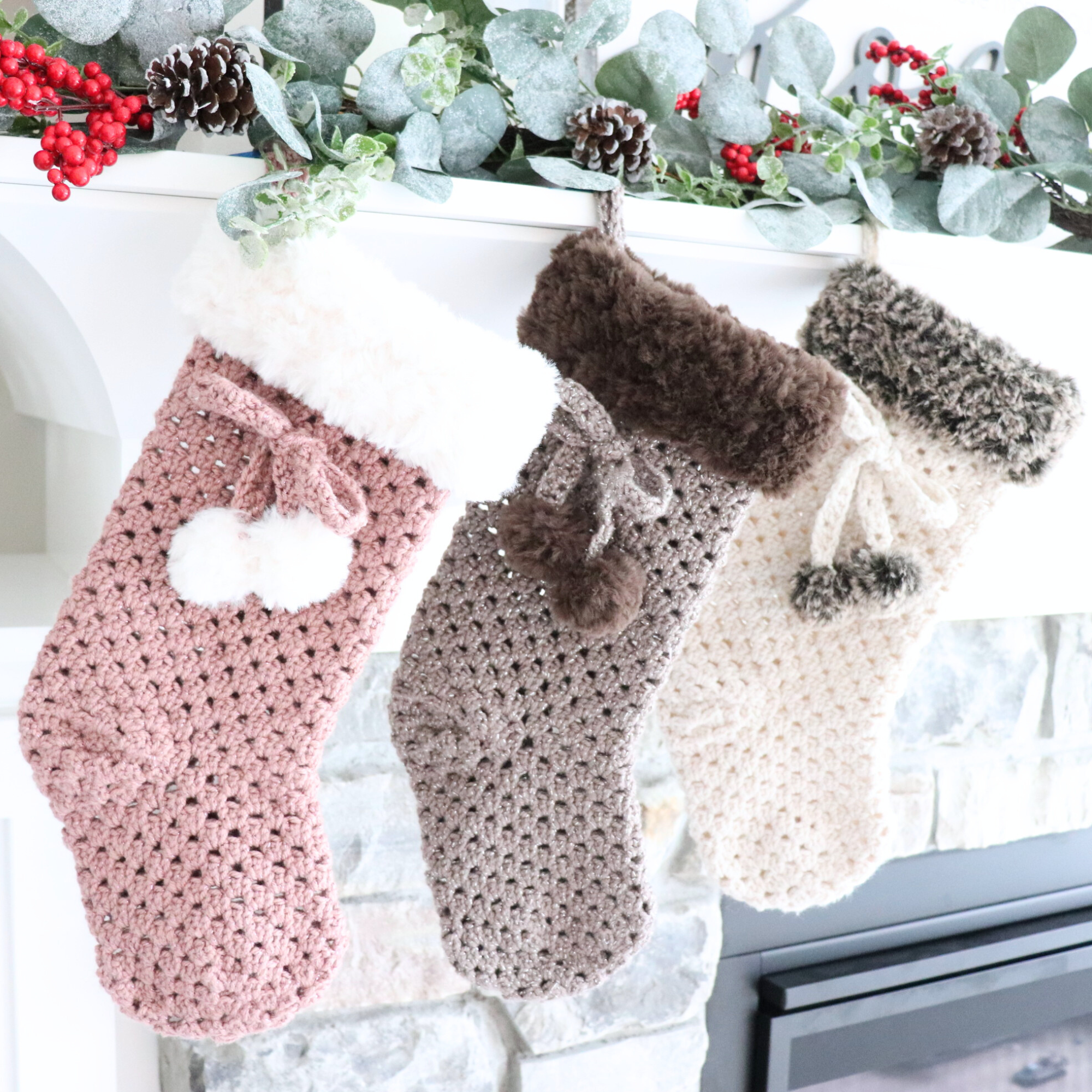 3 crochet stockings on a mantel