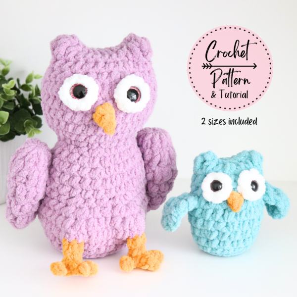 2 adorable little crochet owls sitting on shelf. Both are crochet patterns